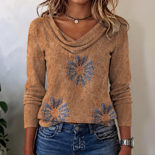 Gemütlicher Kamelstrickpullover mit Blumenmuster