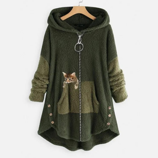 Kitty Print Fleece Hoodie with Roomy Pockets