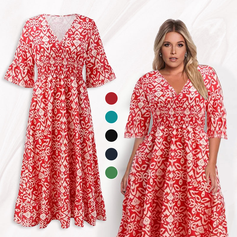 Bohemian Casual Print V-Neck Waist Wrap Long Dress