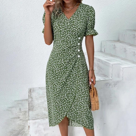 Kurzärmeliges grünes Midikleid mit Blumenmuster und Knopfleiste