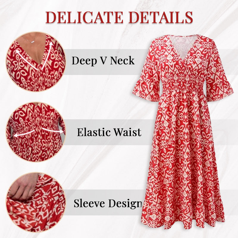 Bohemian Casual Print V-Neck Waist Wrap Long Dress