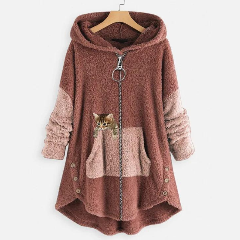 Kitty Print Fleece Hoodie with Roomy Pockets